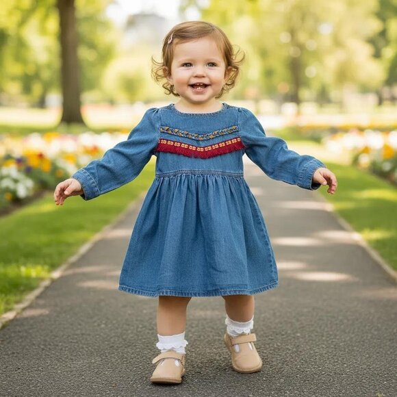 Nannette 2T Lightweight Blue Denim Fringe Embroidered Dress - Picture 1 of 11